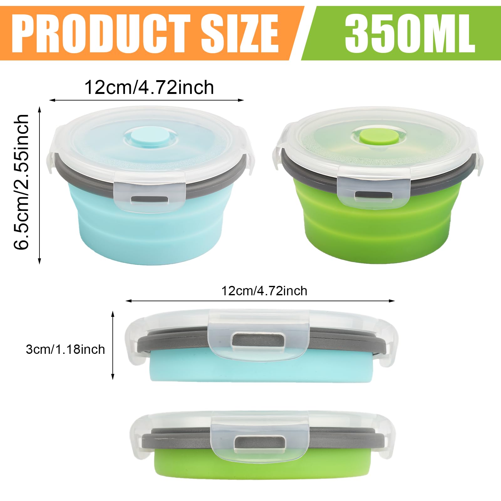 2 Pezzi Ciotola Pieghevole Campeggio, 350ML Ciotola da Campeggio Portatile, Contenitori Pieghevoli per Alimenti in Silicone, Ciotola Insalatiera Pieghevole con Coperchio per Campeggio, Escursionismo