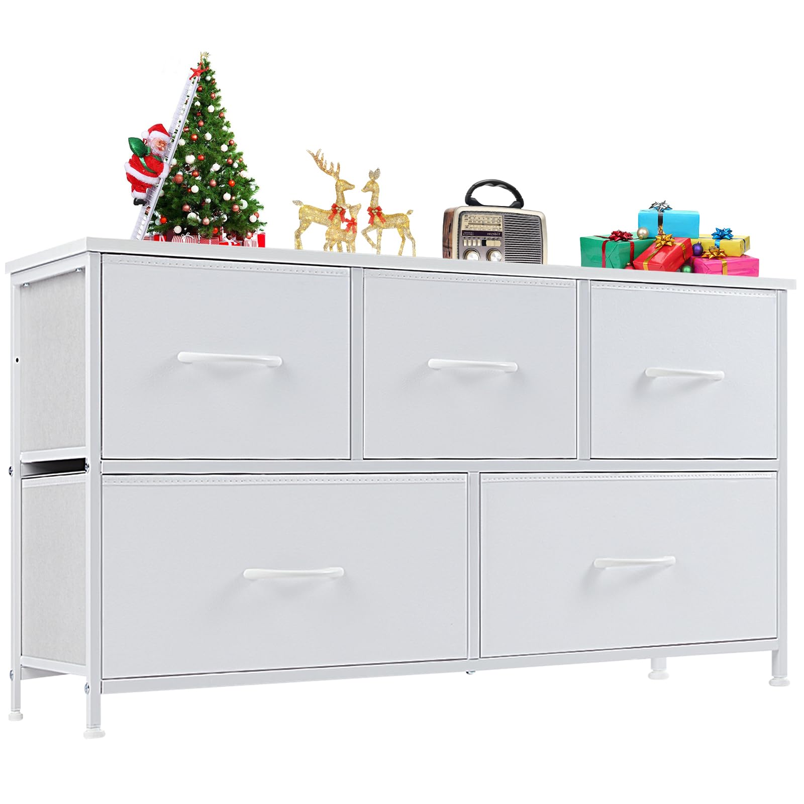 Dresser for Bedroom, Drawer Dresser Organizer Storage with 5 Drawers Short Dresser, Chest of Drawers with Fabric Bin, Steel Frame, Wood Top for Bedroom, Entryway, Size 11.81" D x 38" W x 20.87" H