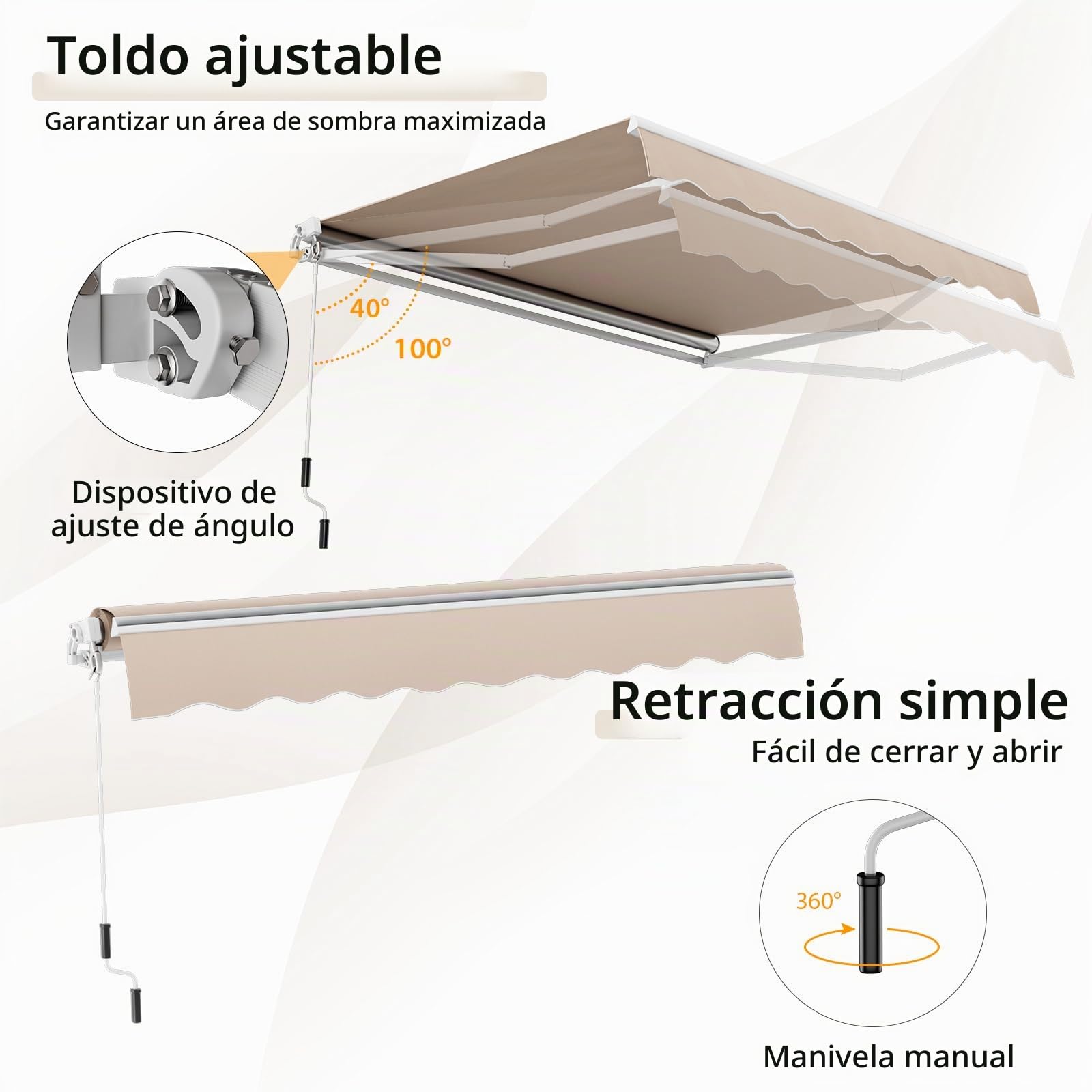 HOMASIS Toldo retráctil con manivela, Toldo de Pinza Regulable en ángulo con protección UV, Toldo con Brazo Plegable articulado para balcón, jardín, Patio y terraza (400x250cm, Beige)