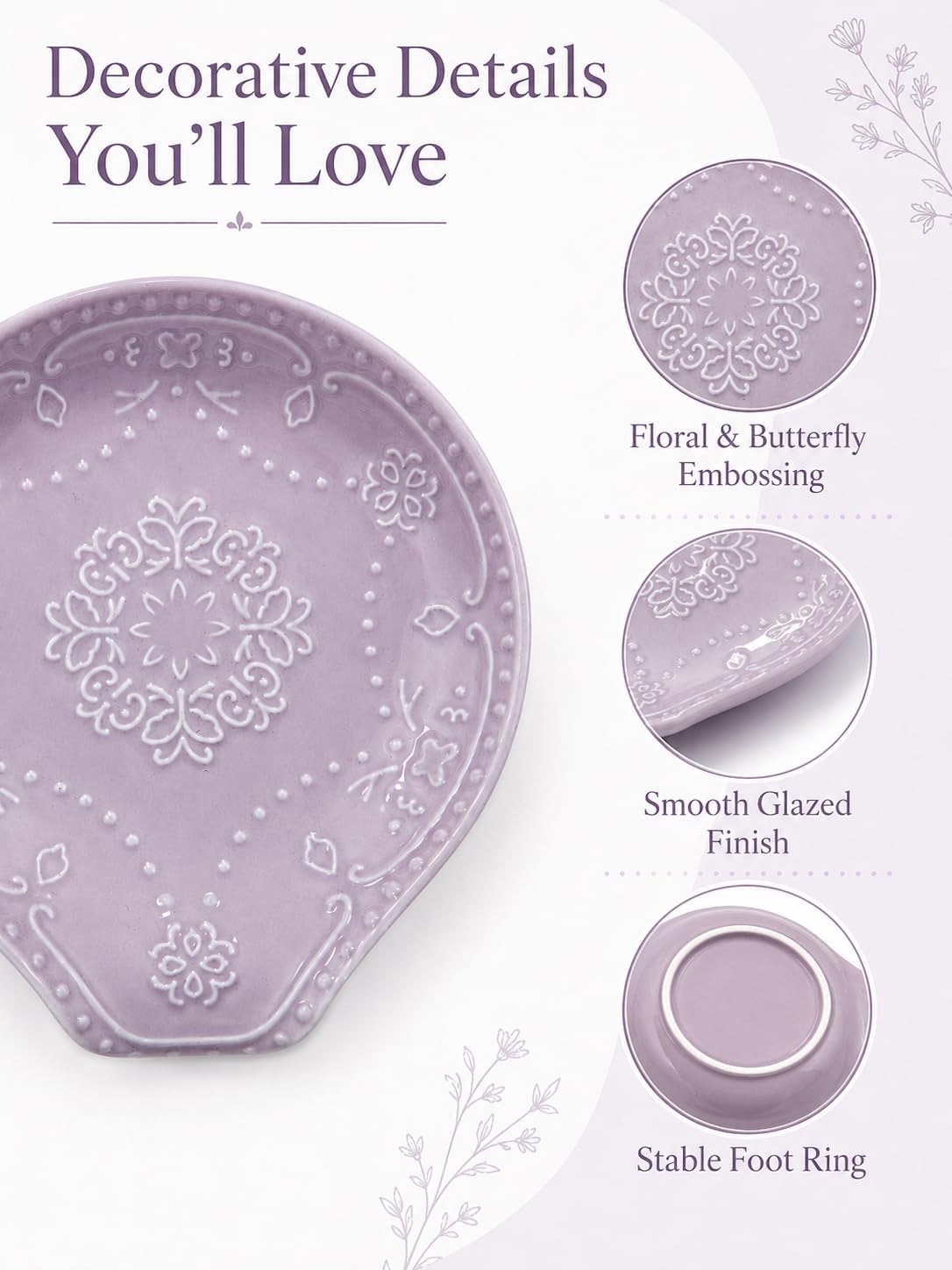 Lavender Purple Ceramic Spoon Rest for Kitchen Counter, 5.7" Floral Butterfly Embossed Spoon Holder for Stovetop, Dishwasher Safe Heat Resistant Utensil Rest, Farmhouse Kitchen Decor Gift