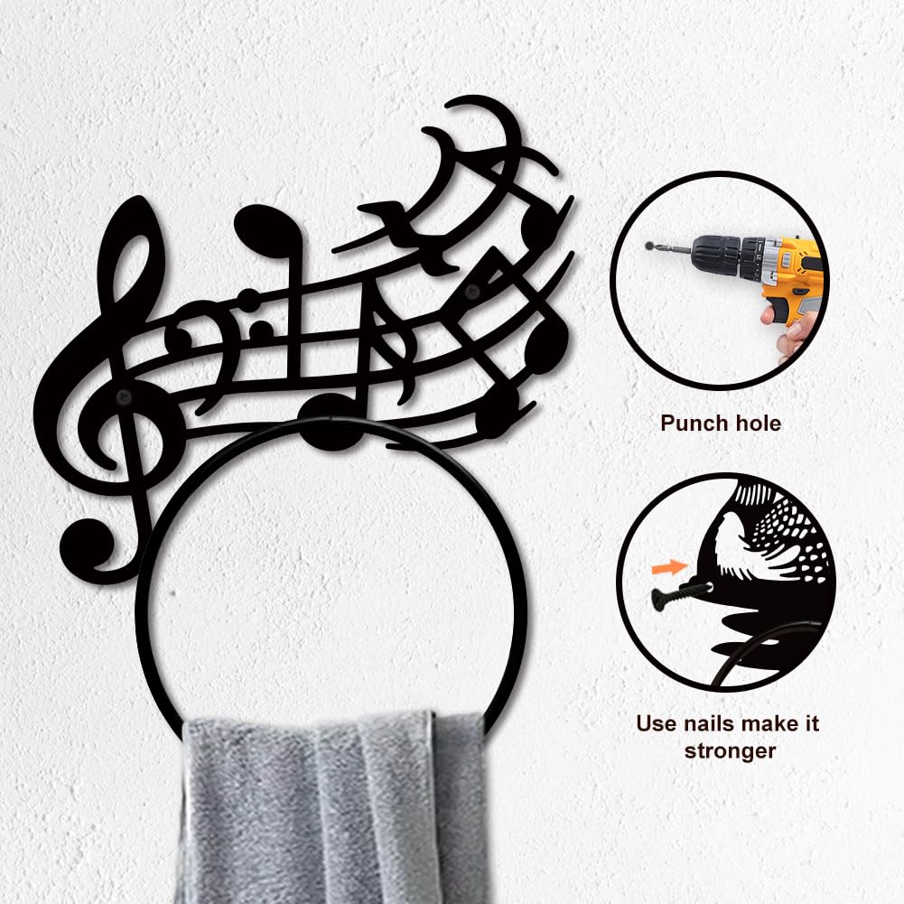 MAYJOYDIY Pentatonische Note, Metall-Handtuchring, Musiknoten-Handtuchhalter, musikalischer künstlerischer Stil, Handtuchring, schwarzer Handtuchhalter, Wandmontage, für Badezimmer, Küche,