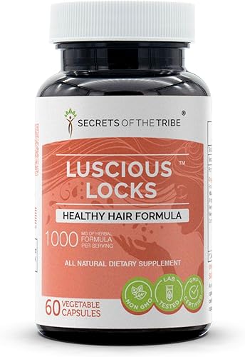 Miniatura 6 de Secrets of the Tribe Luscious Locks 120 cápsulas, 1000 mg, Amla, hibisco, ortiga picante, cola de caballo, hongo reishi, avena. Fórmula saludable