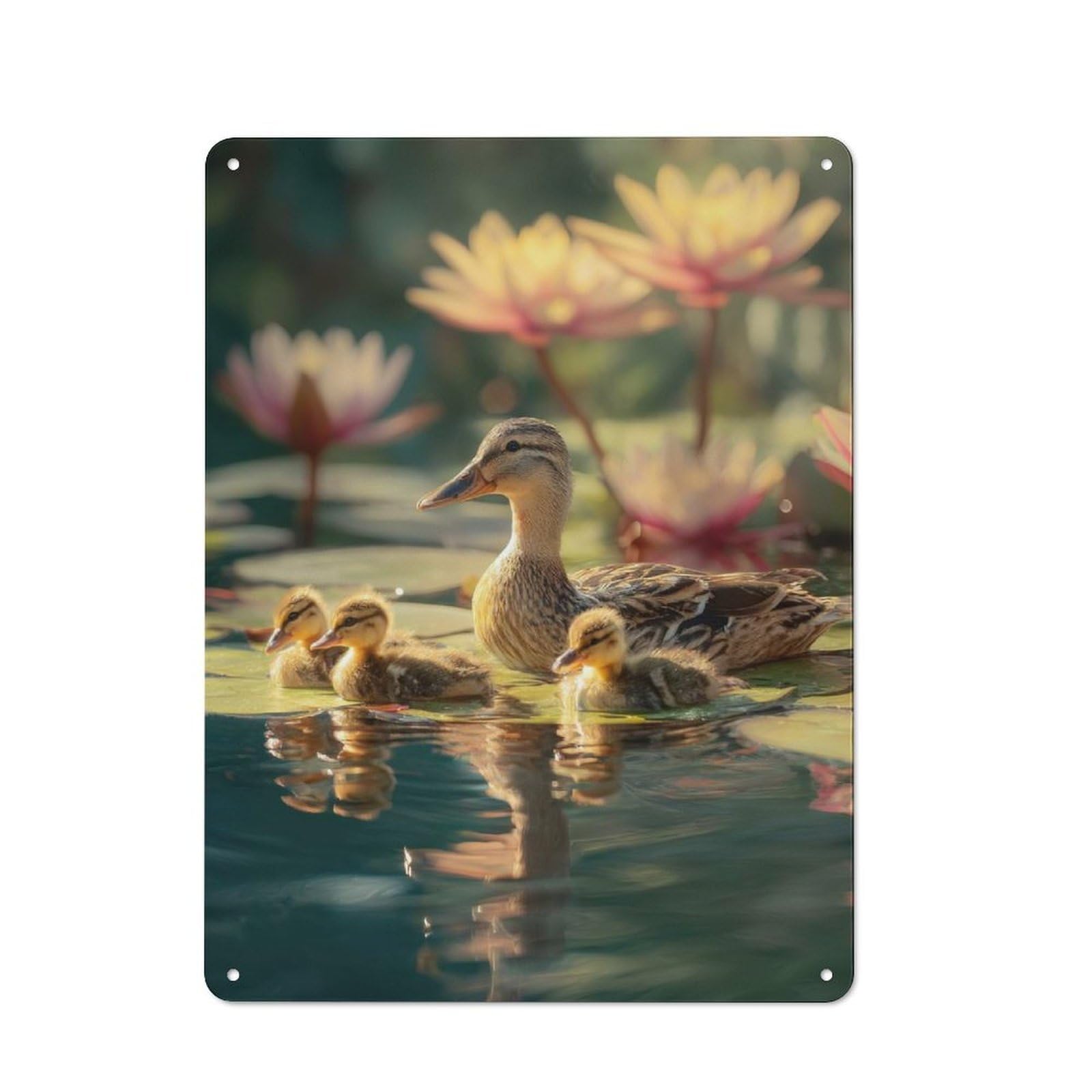 Junmoney Duck And Ducklings In Lily Pond Tin Wall Plaque 40X30cm With For Pub Or Café, A Decorative Christmas Gift For Hospitality Wall Decor Collectors