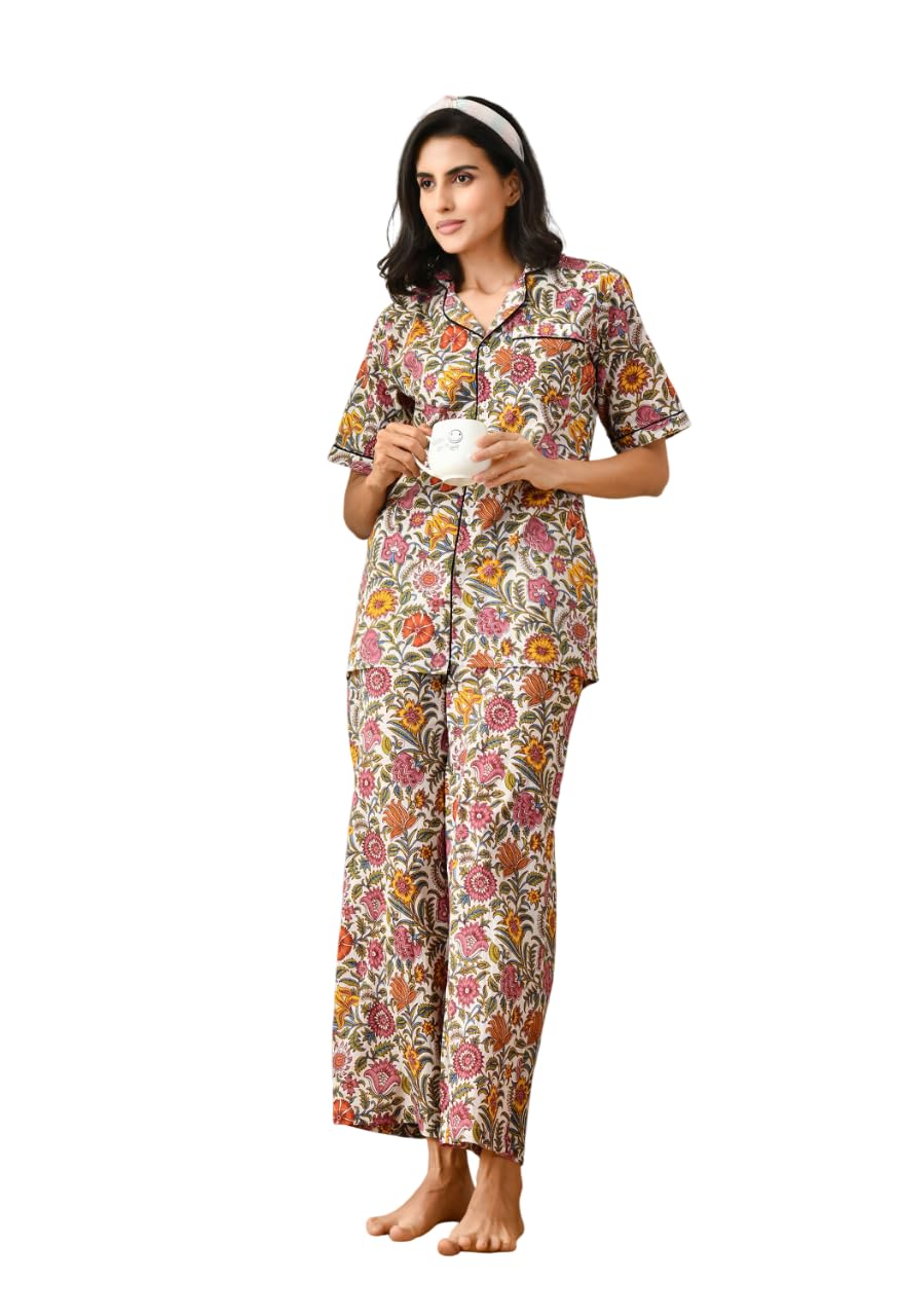 ao services Women Floral Printed Cotton Night Suit Set | Button Down Short Sleeve Shirt with Pajama | Soft Comfortable Sleepwear & Loungewear-picture-45