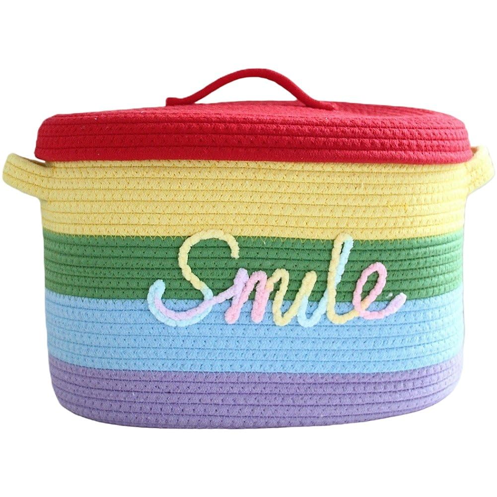 Sslvya Cotton Rope Storage Basket with Lid Rainbow Woven Storage Bin for Toys Dirty Clothes Quilts Nursery Storage Container