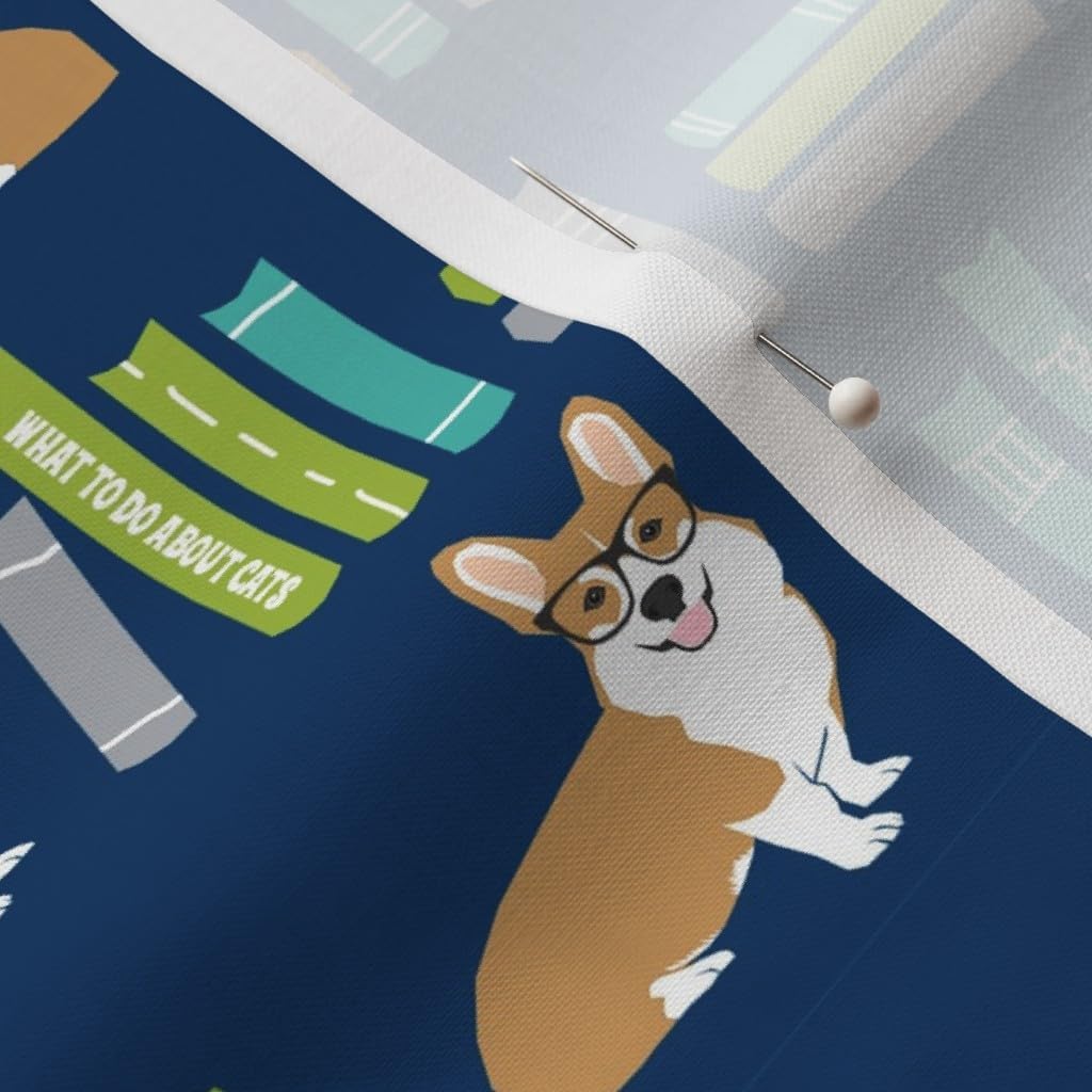 Spoonflower Fabric - Corgi Library Book Librarian Dog Books Corgis Pet Portrait Blue Printed on Petal Signature Cotton Fabric by The Yard - Sewing Quilting Apparel Crafts Decor