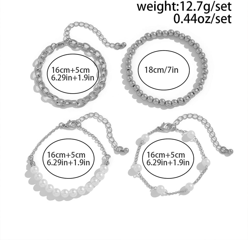 4Pcs Gold Stack Pearls Beaded Statement Bracelets for Women Fashion Fake Pearl Stackable Bangles Link Chain Bracelet Trendy Layering Jewelry Gift Set - Image 3