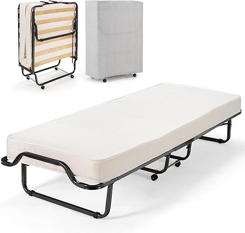Miniatura 10 de Cama plegable con colchón, cama de plataforma con marco de acero y listones de madera, cama de invitados plegable con colchones de espuma