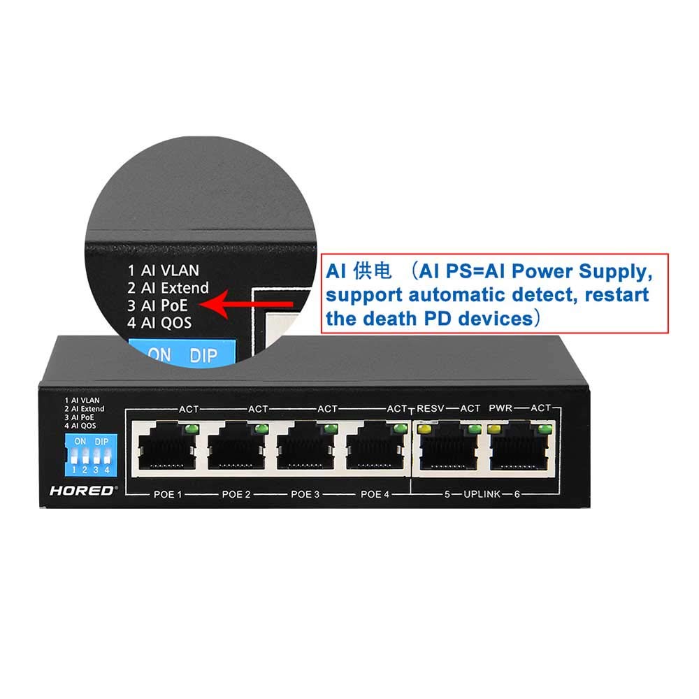 Hored AI106 - Smart Switch Poe a 6 Porte, 4 Porte Poe, 802.3af, 802.3at, 48 V, 60 W, Trasmissione Fino a 250 Metri, funzioni Smart