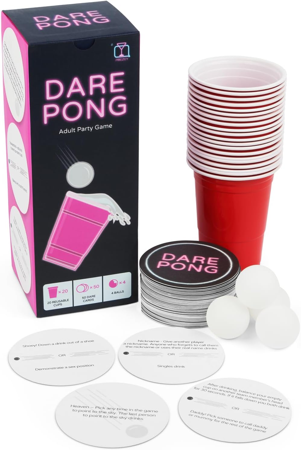 Dare Pong - Drinking Game for Adults, Bachelorette Party Games, Adult Party Games - Full Beer Pong Set and 50 Coasters with Dares - Perfect for Couples Card Game, 21st Birthday Gifts for Her