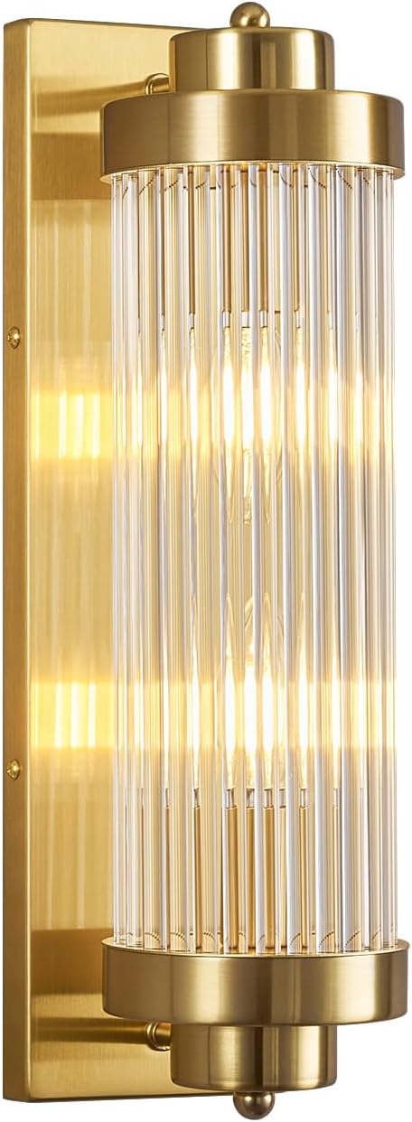 Gold Wall Sconces with Crystal Glass Strip Bathroom Sconces Modern Wall Lights for Bedroom Living Room Hallway Wall Light Fixtures, 2 Light E12 Base
