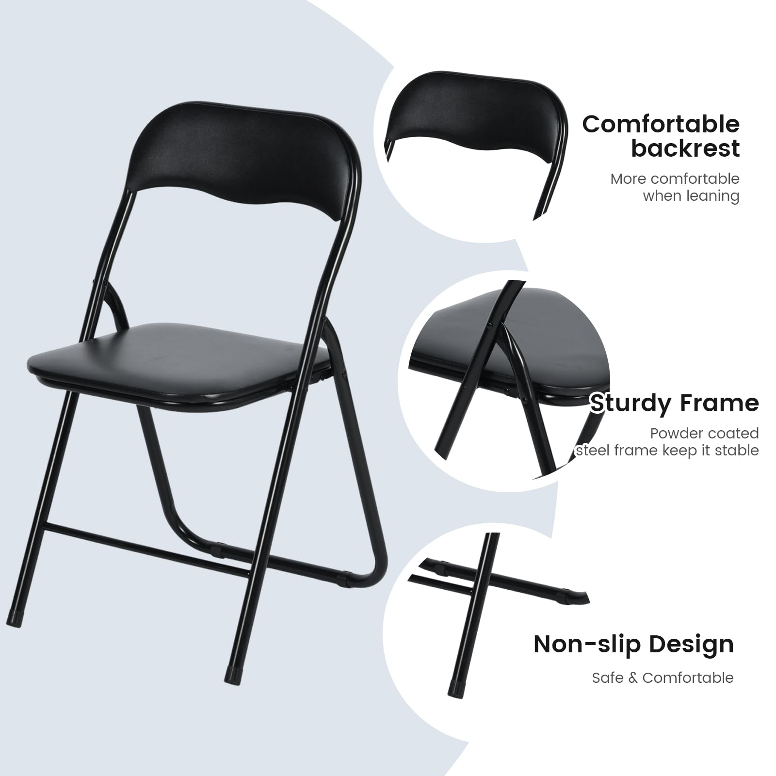 EGGREE Ensemble de 4 Chaises Pliantes Noires - Cadre Métallique, Siège Rembourré en PVC - Capacité de Charge 110 kg - Chaise Ergonomique Pliable pour Camping, Balcon, Fêtes, Bureau, Restaurant