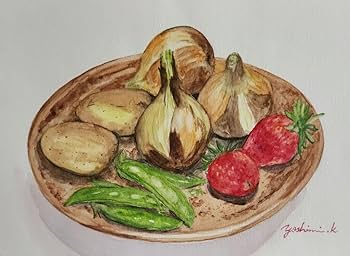 【原画】元気がもらえる野菜の絵　A4 １点もの　顔彩絵の具　ささげ豆 Amazon.co.jp: #1317 A4 水彩画、原画「新鮮な夏野菜」 : 文房具