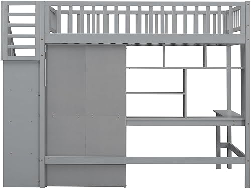 Miniatura 7 de Cama alta multifuncional de tamaño individual con estantería y cajones marco de cama de madera con escritorio y armario cama alta de almacenamiento