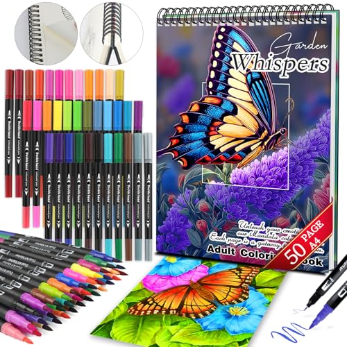 Hardcover Adult Coloring Book for Women Relaxation, 50 Patterns Spiral Bound Mindfulness Butterfly Coloring Books for Adult with 36 Dual-tip Markers, Inspirational Coloring Books Set Gift for Women