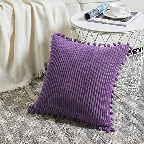 Fancy Homi Pack Of 2 Purple Boho Decorative Throw Pillow Covers With Pom-Poms, Soft Corduroy Solid Square Cushion Cases Set For Living Room Couch Sofa Bedroom Car (18X18 Inch/45X45 Cm, Purple) #TOP1