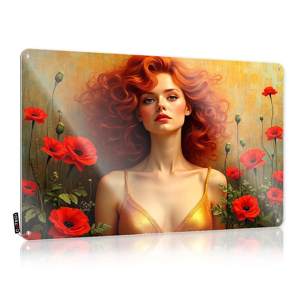 IBWNBBUSN Desk Signs For Office Funny A Woman With Fiery Red Hair Stands Amidst Vibrant Red Poppies Tin Sign Funny House Decor Home Bar Metal Signs(20X30CM)