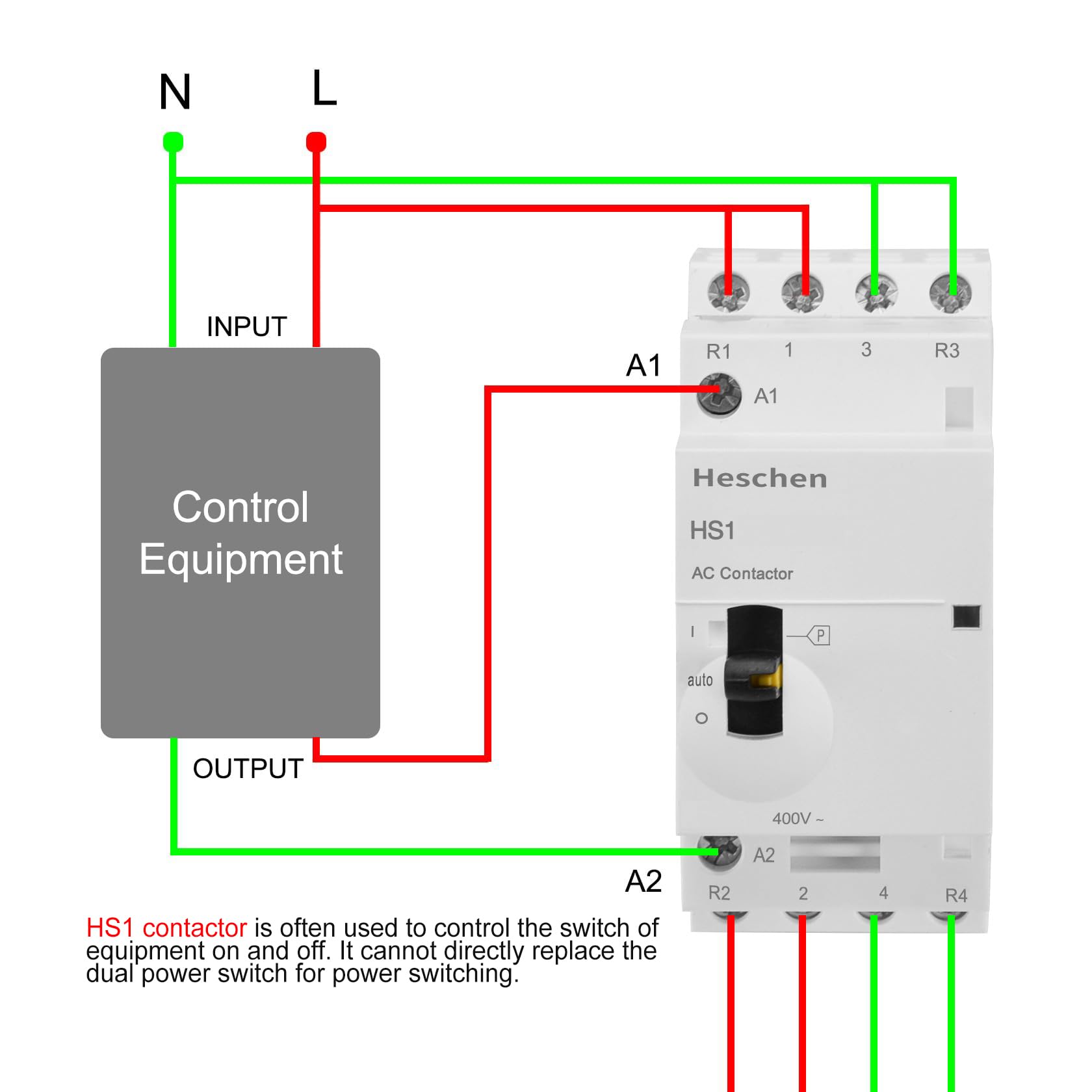 Heschen Contacteur AC modulaire domestique HS1-63M/22 63 A 4 pôles, 2NO 2NC, 220 VAC Bobines, montage sur rail DIN 35 mm, avec interrupteur de commande manuel
