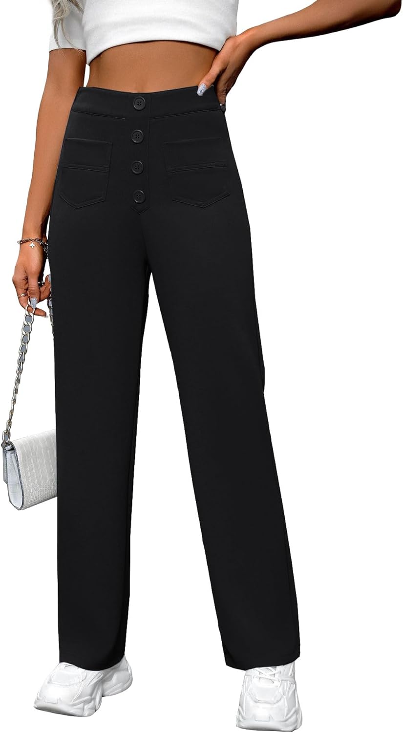AIFARLD Straight Leg Pants for Women Flexipants High Waisted Button Stretchy Trousers Multiple Pockets Business Work Casual - Image 3