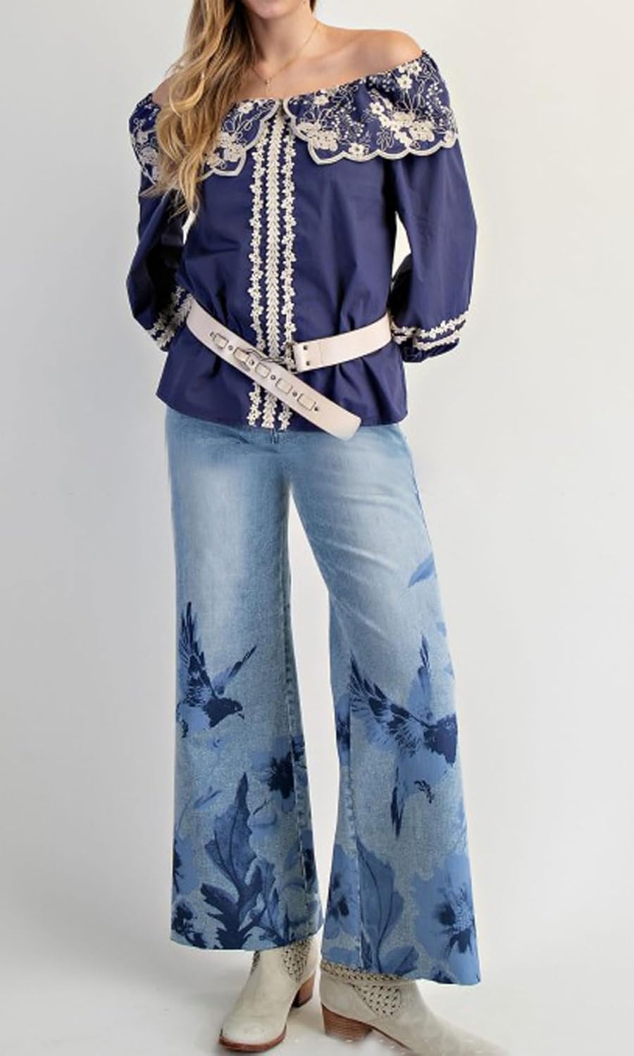 loveimgs Women Y2k Baggy High Rise Wide Leg Jeans Floral Denim Pants Palazzo Zip Flower Printed Flare Jeans Sweatpants Pocket