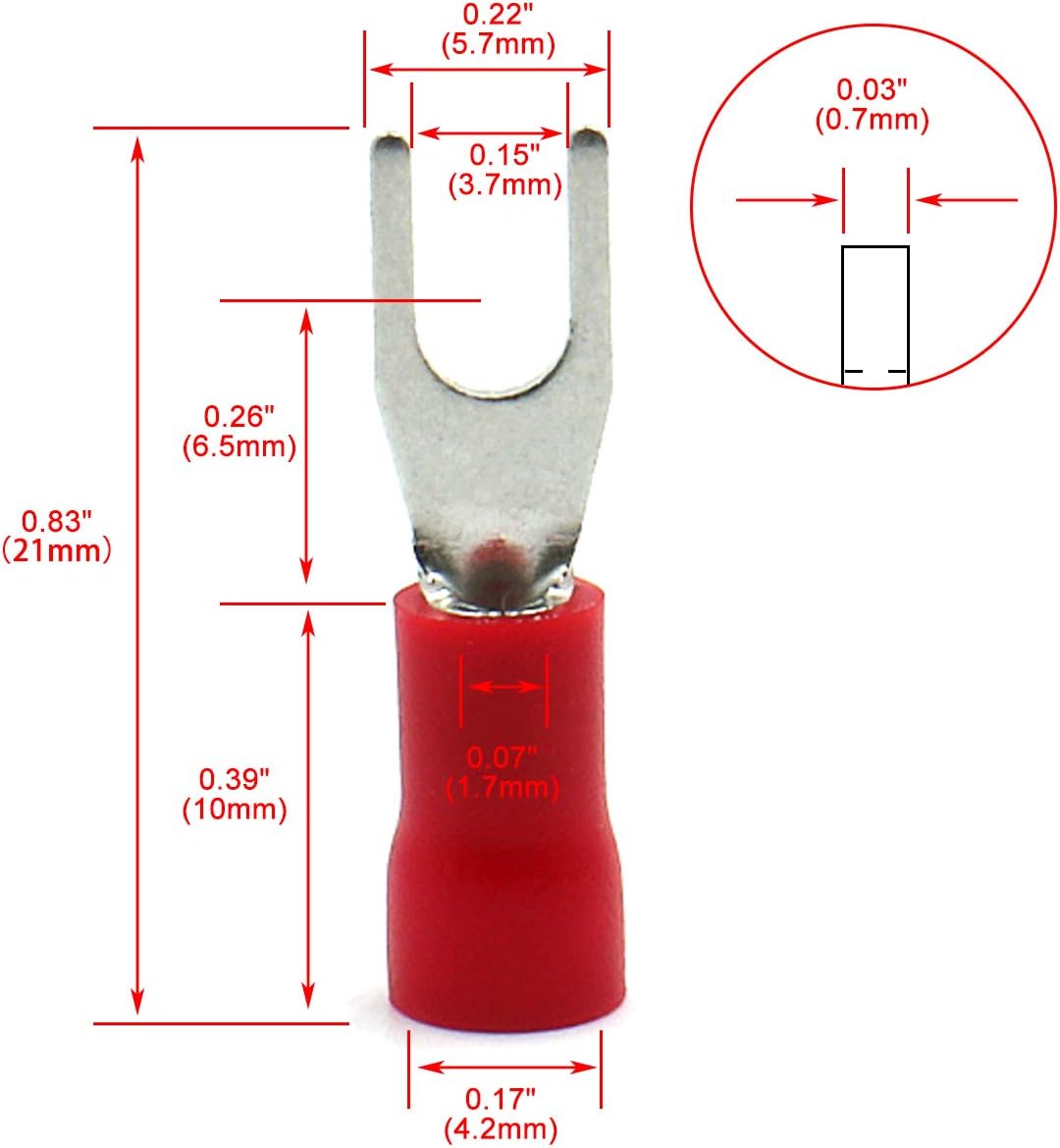 Baomain Insulated Stud Size #6 Size Fork Terminal 22-18 Gauge (Red) pack of 100