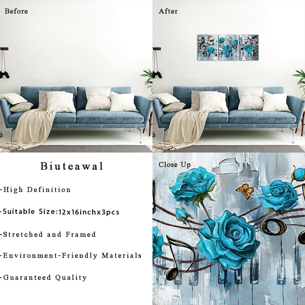 Biuteawal 3 Pieces Music Art Print Canvas Musical Notes Wall Decor with Blue Rose Flowers Poster Picture Romantic Painting Artwork for Classroom Music Room Decor Framed