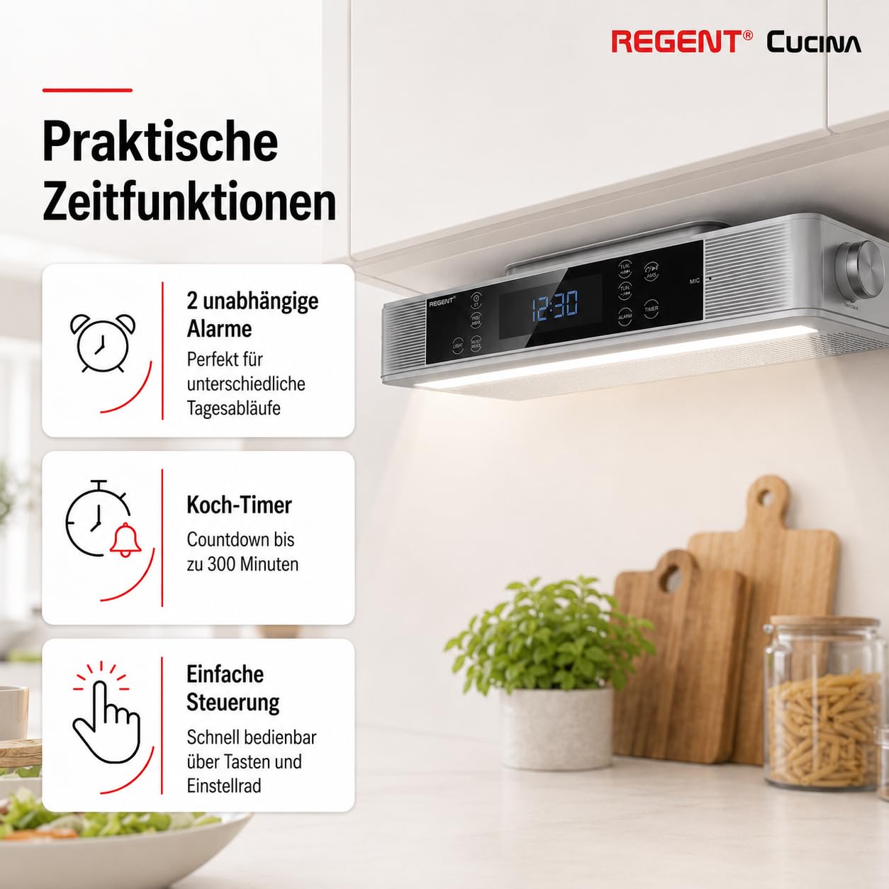 Regent Cucina Unterbau Küchenradio mit FM, Bluetooth, LED-Leiste, Farbdisplay, Küchentimer & 2 Wecker, perfektes Unterbauradio für die Küche, Farbe: Silber