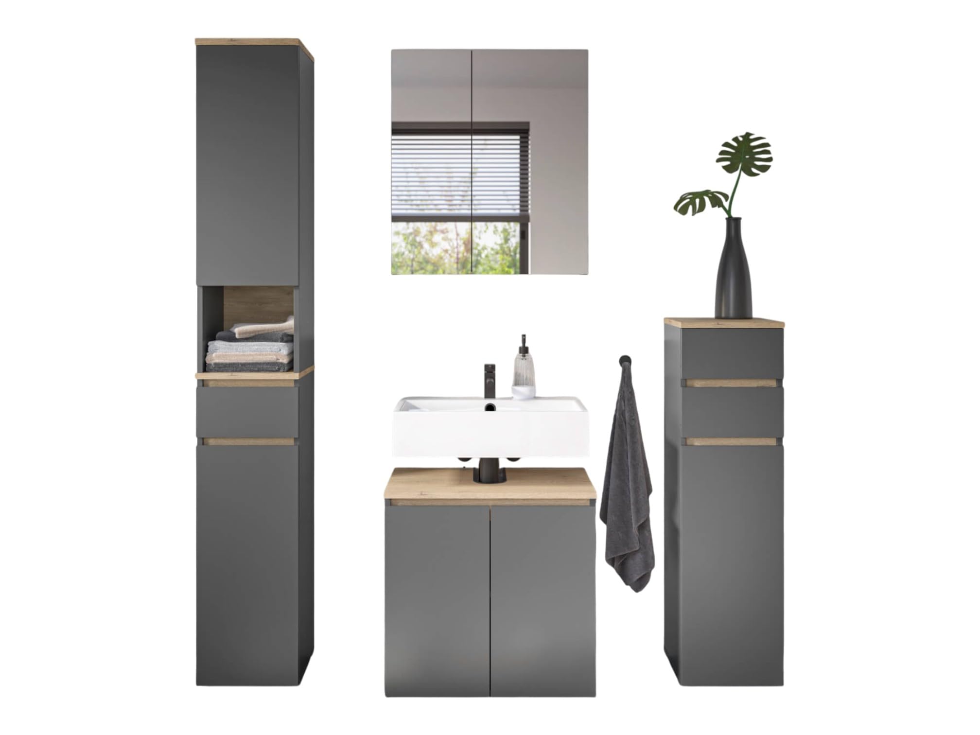 moebel-dich-auf Badezimmer Badmöbel -Set Londres Anthrazit Hochschrank Spiegelschrank Wbu Kommode Set 1