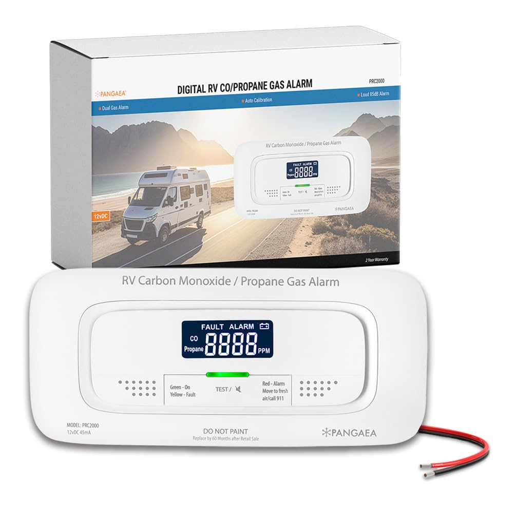 PANGAEA RV Carbon Monoxide & Propane Dual Gas Detector PRC2000 - Hard-Wired DC 12V, Large LCD Display, 85dB Loud Alarm, Easy Reset/Test Button - Ultimate Safety for You (Flush Mount - White)