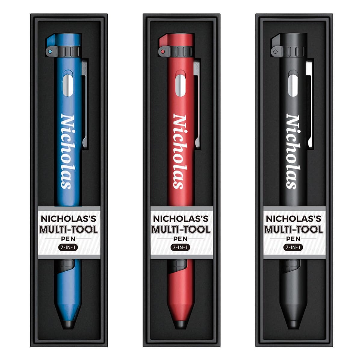 Jrose Collections Red/Blue/Black Nicholas Named Personalised Multi-Tool Pen, 7-In-1 With Torch, Phone Holder, Stylus, Compass, And Screwdriver Set - Assorted Colours (, Black) - Ink