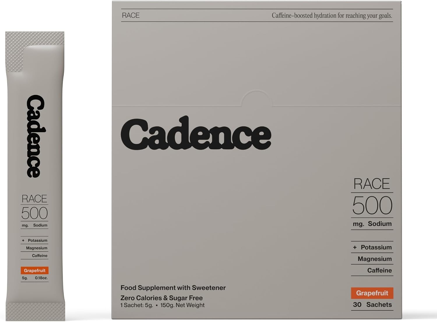 Cadence Race Energy Electrolyte Hydration Sachets – Training & Performance Electrolyte Powder – Caffeine & L-Theanine – Workout Energy, Endurance & Rehydration – Vegan, Keto – Grapefruit – 30 Sachets