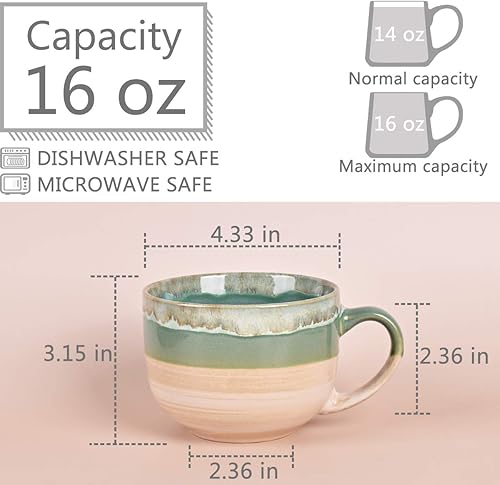 Miniatura 9 de Bosmarlin Juego de 2 tazas de café grandes de cerámica, tazas de café jumbo de gres para oficina y hogar, 16 onzas, aptas para lavavajillas y Azul