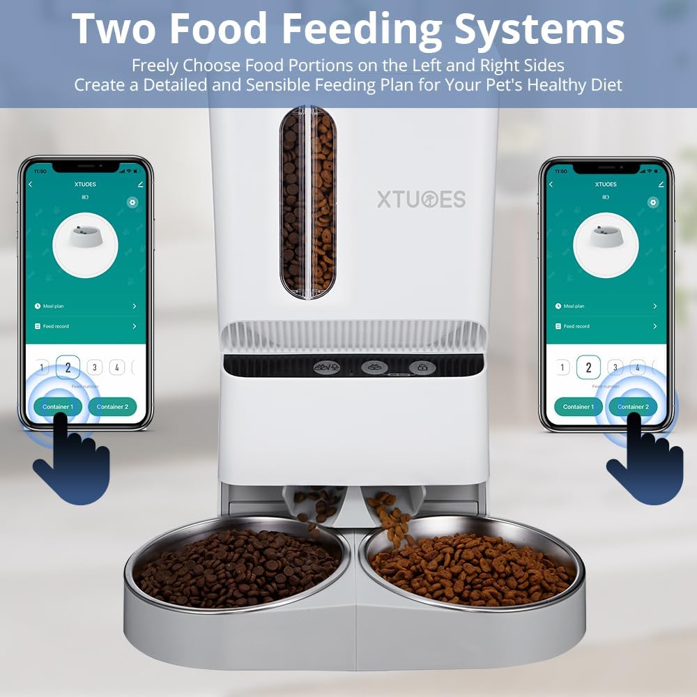 XTUOES Automatic Cat Feeder showing app control for two separate food feeding systems