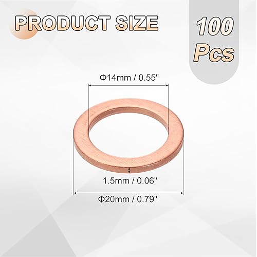 Miniatura 2 de uxcell 100 anillos de sellado de arandela plana M14 de cobre, 0.551 in ID 0.787 in OD 0.059 in de grosor, arandelas de trituración de cobre, junta