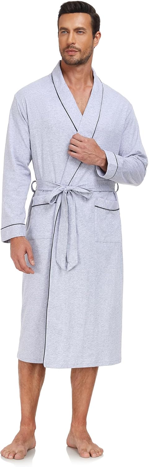 COLORFULLEAF Mens 100% Cotton Robes Lightweight Long Bathrobe Sleepwear Soft Knit Spa Robe with Pockets