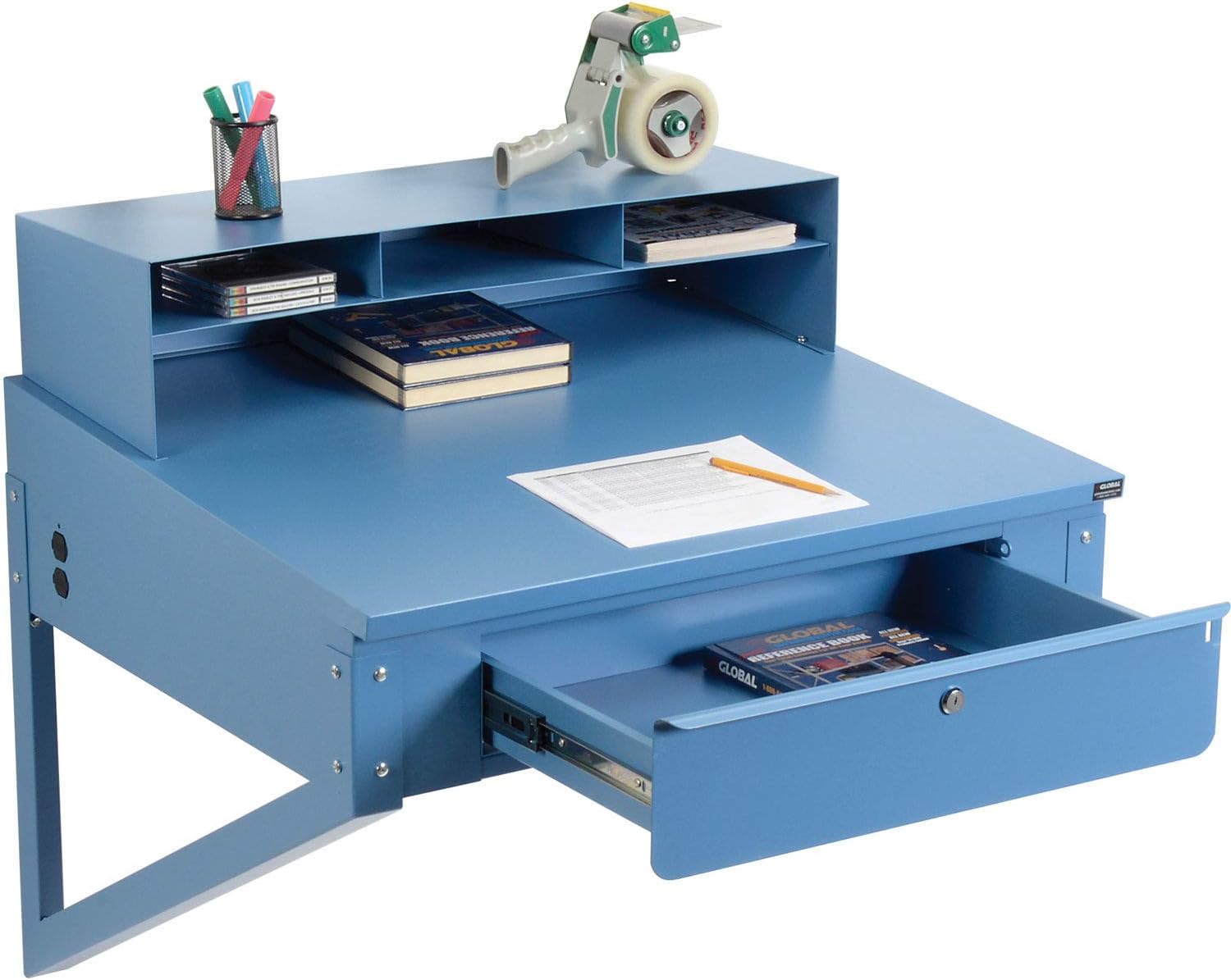 Global Industrial Wall Mount Shop Desk with Pigeonhole Riser, 34" W x 30" D, Steel Construction with Blue Powder Coat Finish, Standing Workstation, for Warehouses & Receiving