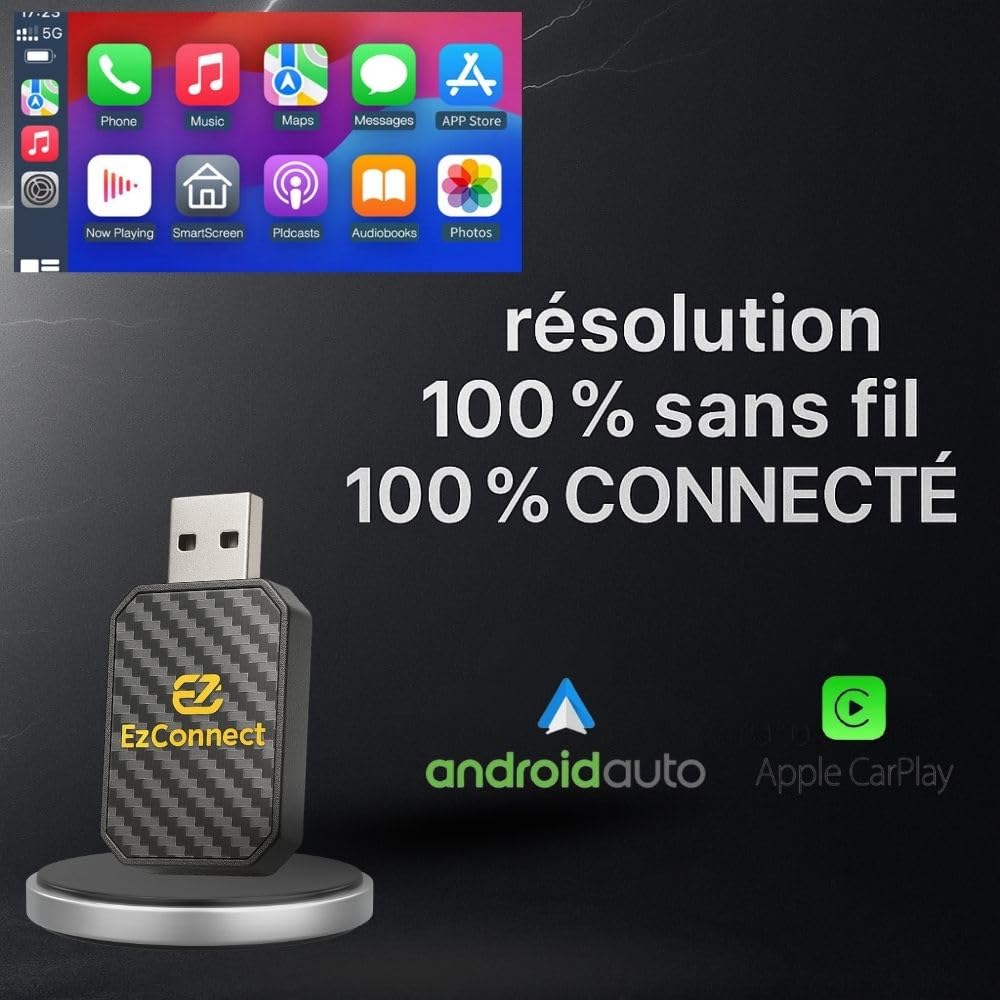 Officiel - Carplay sans Fil - Adaptateur carplay sans Fil - pour Apple CarPlay/Android Auto- Bluetooth 5.3 et WiFi 6, sans décalage, Plug and Play, Connexion Automatique.