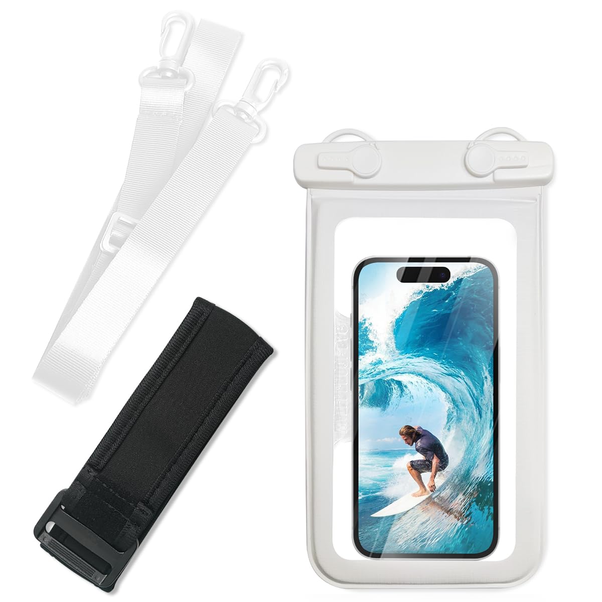 スマホ防水ケース【独自のロック装置 大容量 】IPX8認定防水 360°保護 タッチ操作 水中撮影 顔認証 気密性 首掛け アームバンド付き 全機種対応 ュノーケリング スイミング 釣り 雨 潜水 水泳 雪 温泉適用 (ホワイト)