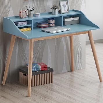 Mid Century Modern Desk with Hutch, White Rubber Wood Writing Desk & Storage Shelves, 43 Inch Vintage Study Table Blue