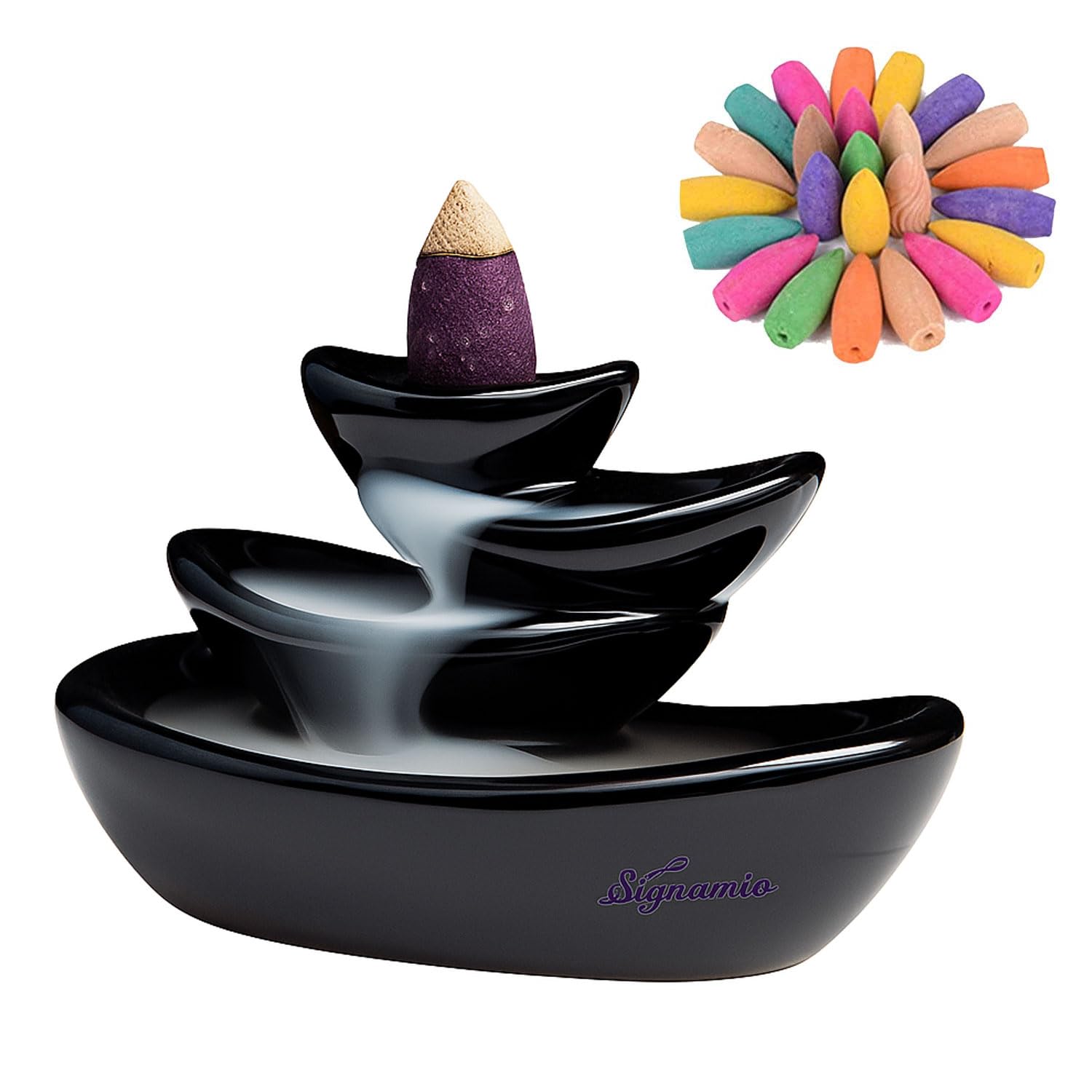 Signamio Ceramic Backflow Incense Fountain - 30 Cones Included for Pooja Meditation, Elegant Backflow Incense Holder, Aesthetic Incense Burner for Decor-DN-15