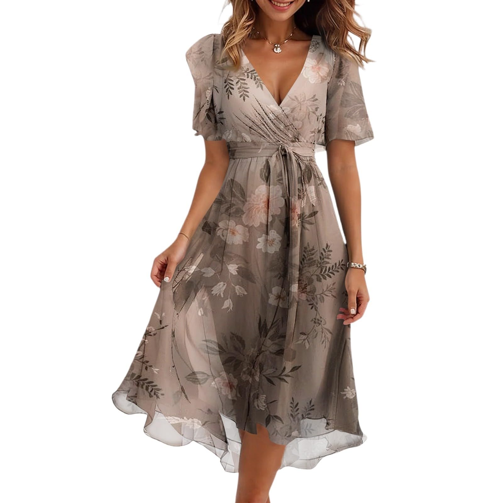 Generisch Damen Chiffon-Wickelkleid mit Flügelärmeln & V-Ausschnitt, Fließendes Midi Kleid, Elegantes Partykleid für Hochzeiten, Dates und Alltag