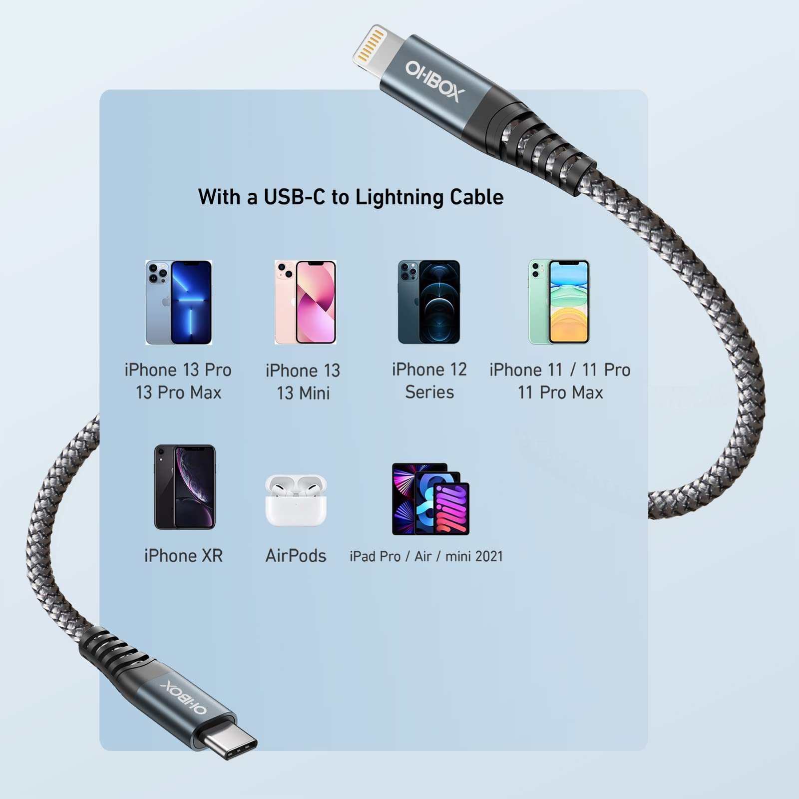 ohbox Cavo lungo da USB C a Lightning 3 m, confezione da 3 pezzi, cavo di ricarica rapida da tipo C a Lightning per iPhone 14 13 12 11 Pro Max XR XS 8 Plus iPad