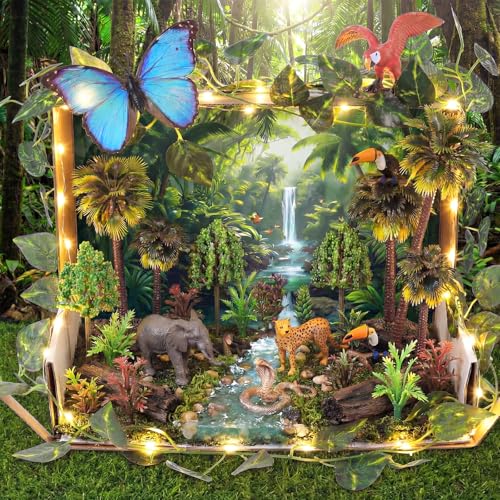 Tigeen 49 Pcs Rainforest Diorama Supplies Rainforest Diorama Figures Party Favor Ho Scale Train Set Include Resin Trees Stones Animal Figurines Artificial Moss Roll for DIY Crafts Landscape Model