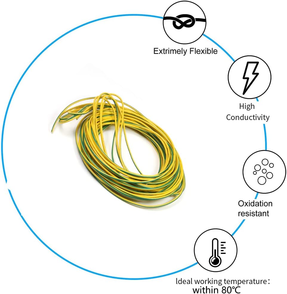 Heyiarbeit 16 AWG Electrical Wire 16.4FT Hookup Cable Yellow Green Conductor Wire 2.4mm Dia Tinned Copper with Flexible PVC Insulated Wire Extension Cord for Home Electrical Applications