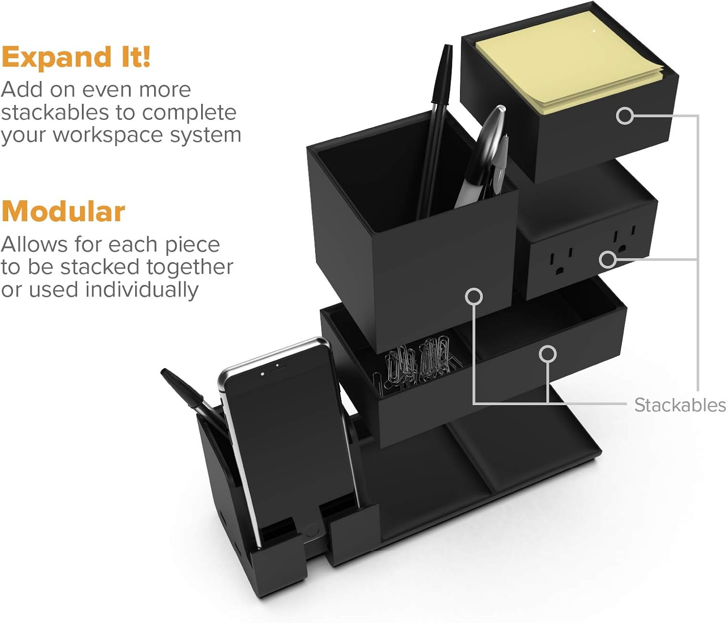 Bostitch Office Konnect Desk Organizer and Charging Station, 2 USB Ports & 2 Plugs, Charges Phones & Tablets, Accessory Tray, 4-Piece Design, Black