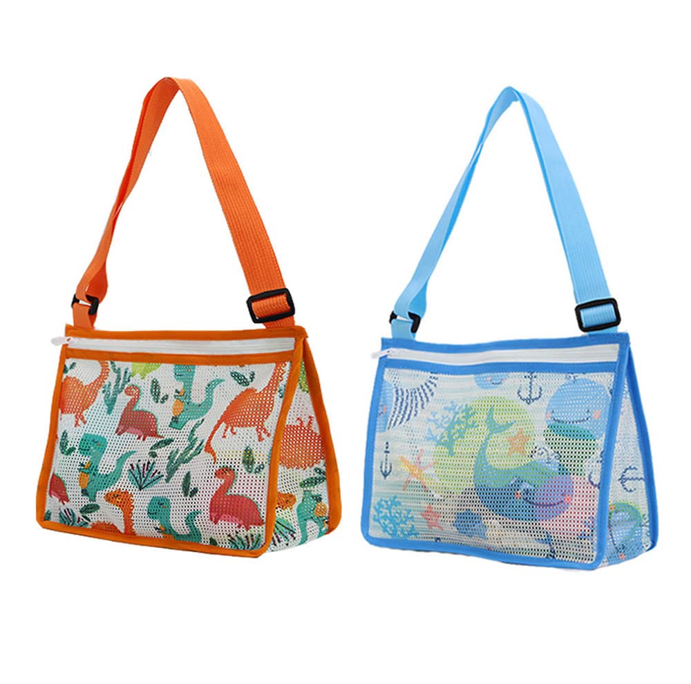 Pro-NokeMesh Beach Bag Seashell Beach Toy Bags Shell Collecting Totes Expandable Beach Sand Toy with Printing and Adjustable Carrying Straps (2pcs, Sky Blue+Orange)