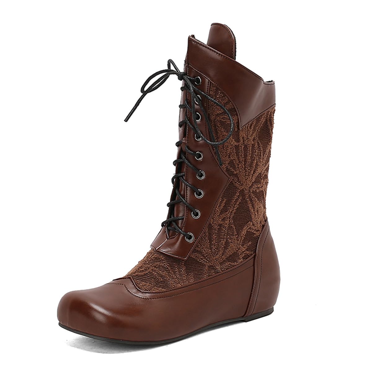 Womens Floral Lace Up Wedge Low Heels Mid Calf Boots Vintage Round Square Toe Winter Trendy Shoes Size