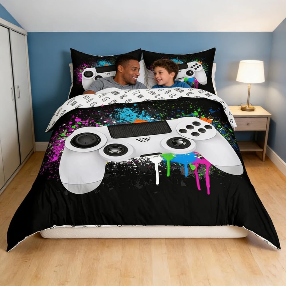 Homemissing Gaming Duvet Cover Boys Gamer Bedding Set White Video Game Gamepad Bedding & Linen For Teens Kids Child Colorful Tie Dye Modern Game Controller Bedding & Linen Double Size