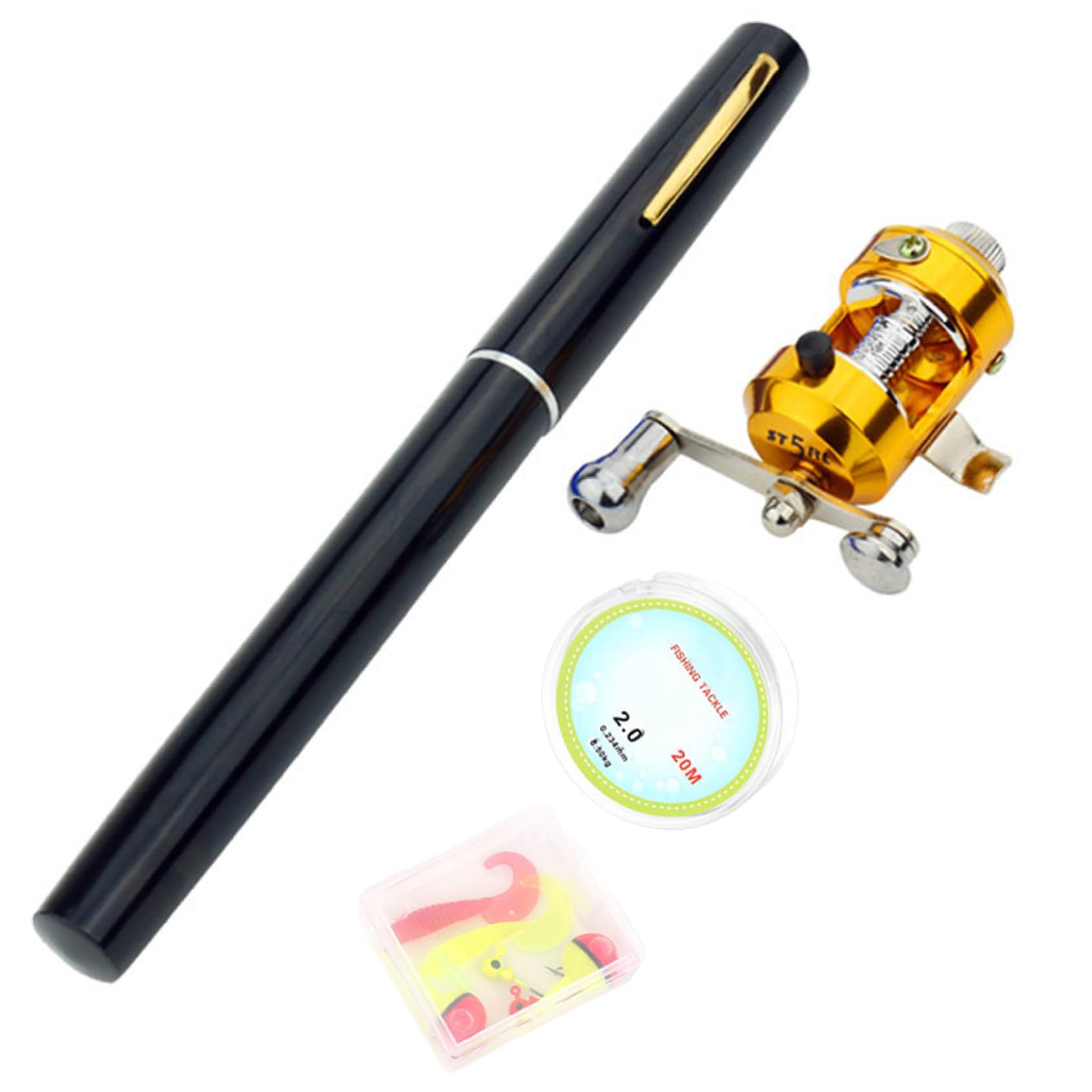 Petite canne à pêche stylo canne à pêche, 21,6 cm, mini canne à pêche, 5 sections, canne à pêche télescopique avec moulinet, canne à pêche portable noire