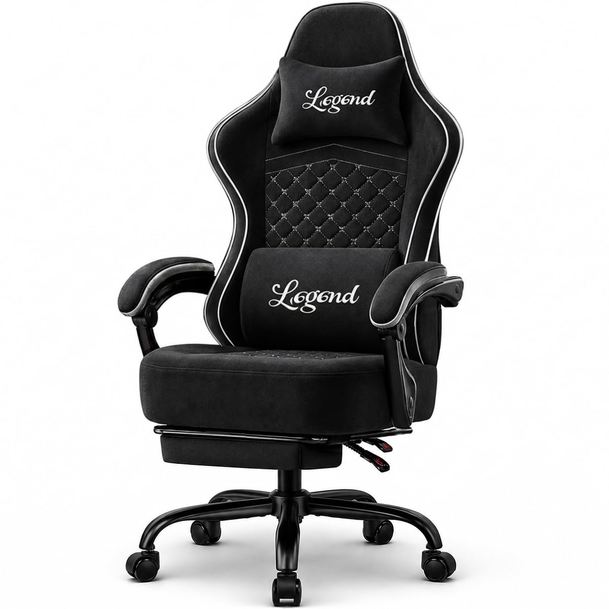 Shadcoler Gaming Stuhl Gamer Sessel - Tech-Stoff, hochdichter Schaum, Taschenfederung, ergonomische Unterstützung, 150 kg, mitlaufende Armlehnen, 90-135° verstellbare Rückenlehne, Fußstütze, Schwarz